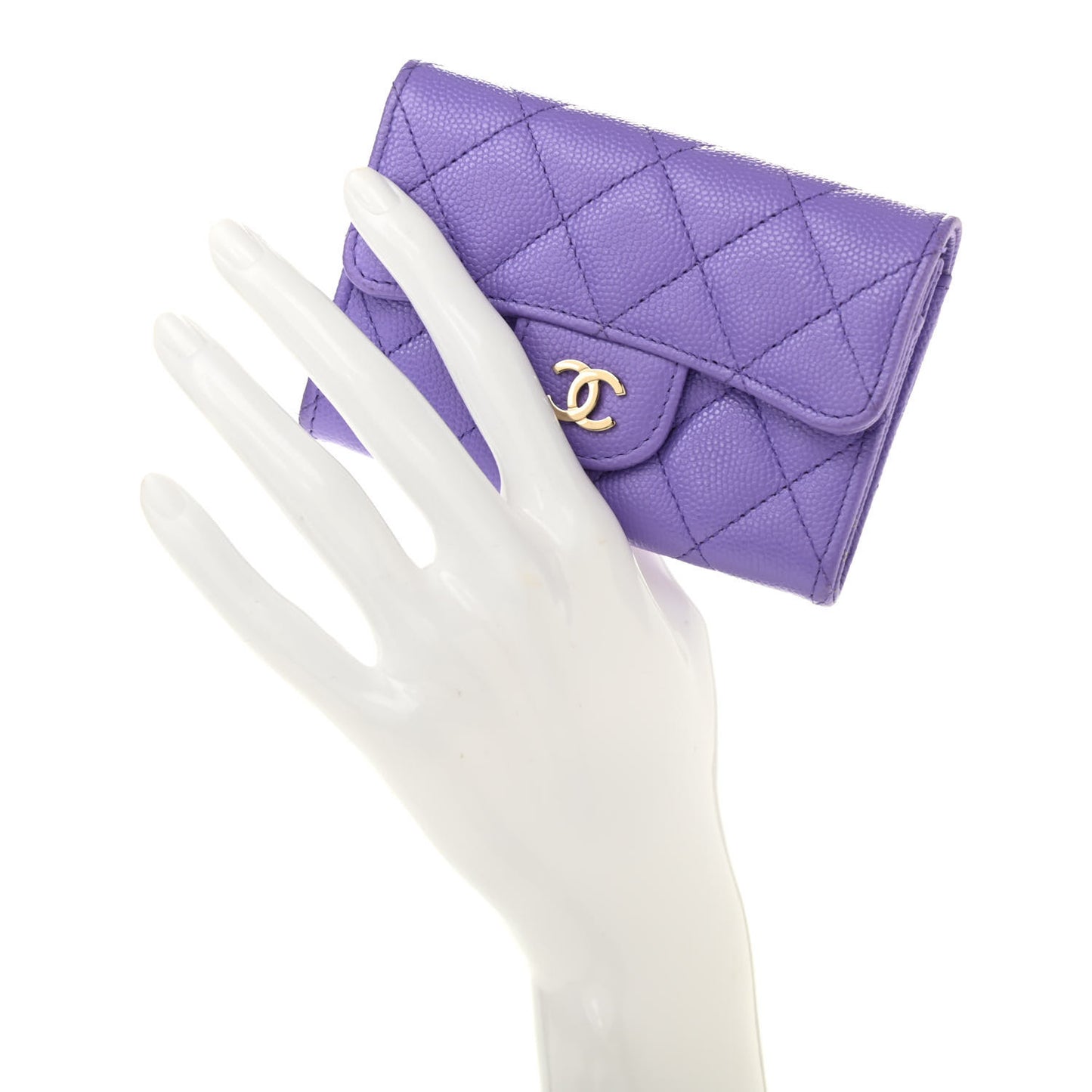 Caviar Quilted Flap Card Holder Wallet Purple