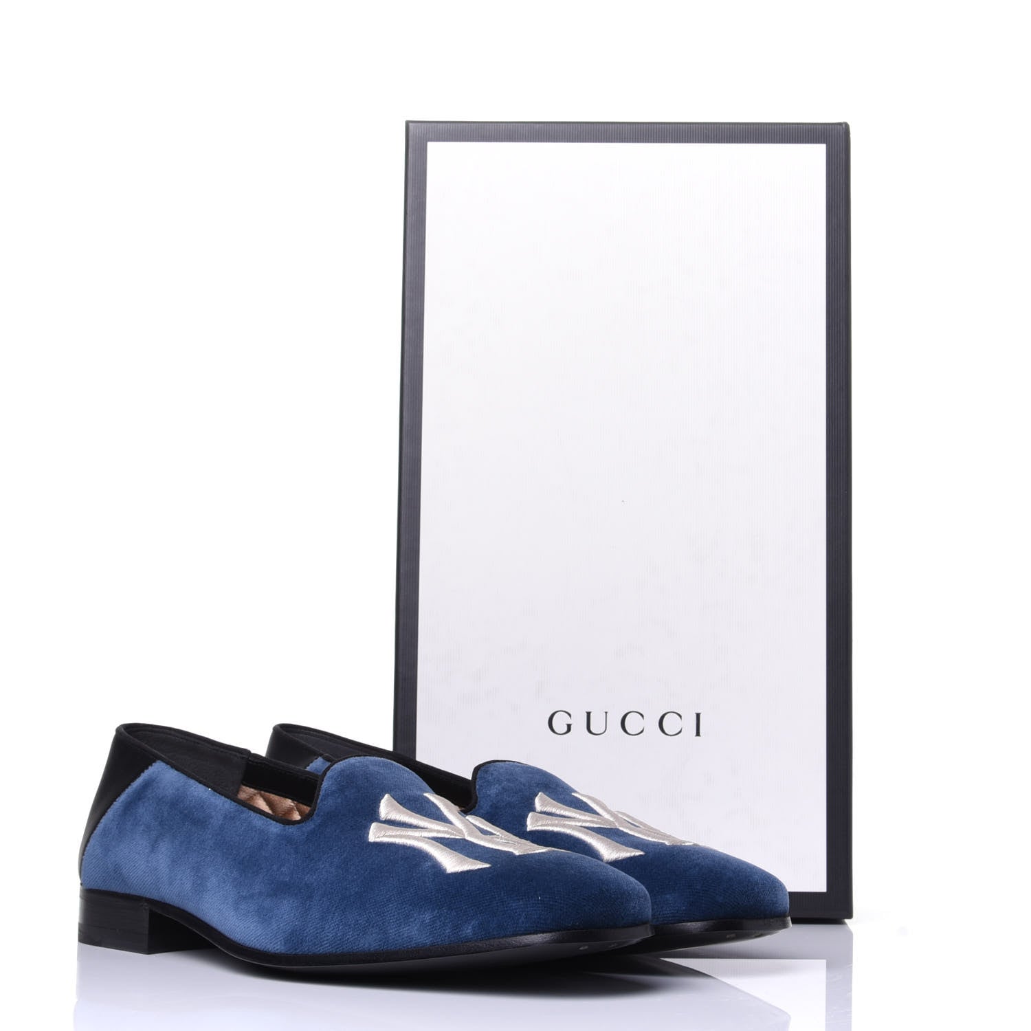 Gucci X MLB Velvet NY Yankees Embroidered Mens Loafers 8 Zaffre Black 10 of 10