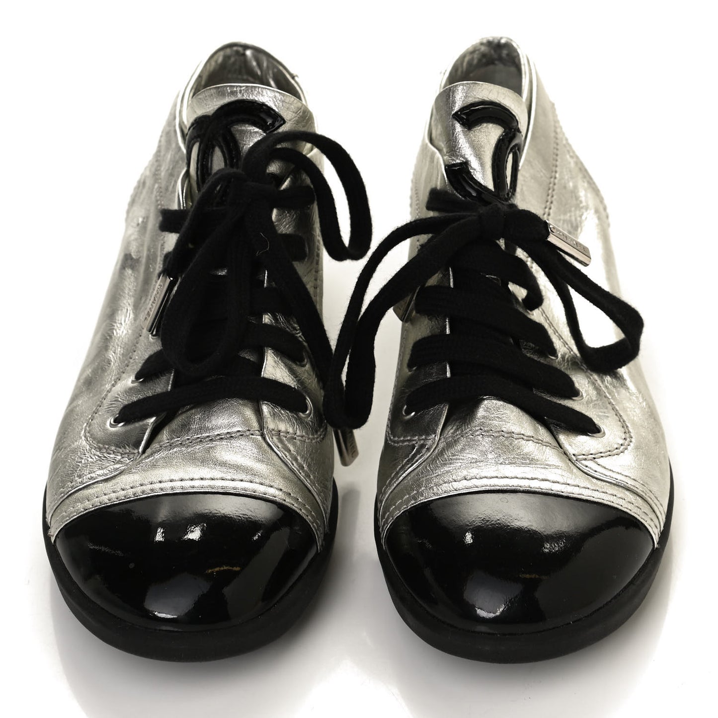 Metallic Lambskin Patent Cap Toe CC Sneakers 39.5 Silver Black