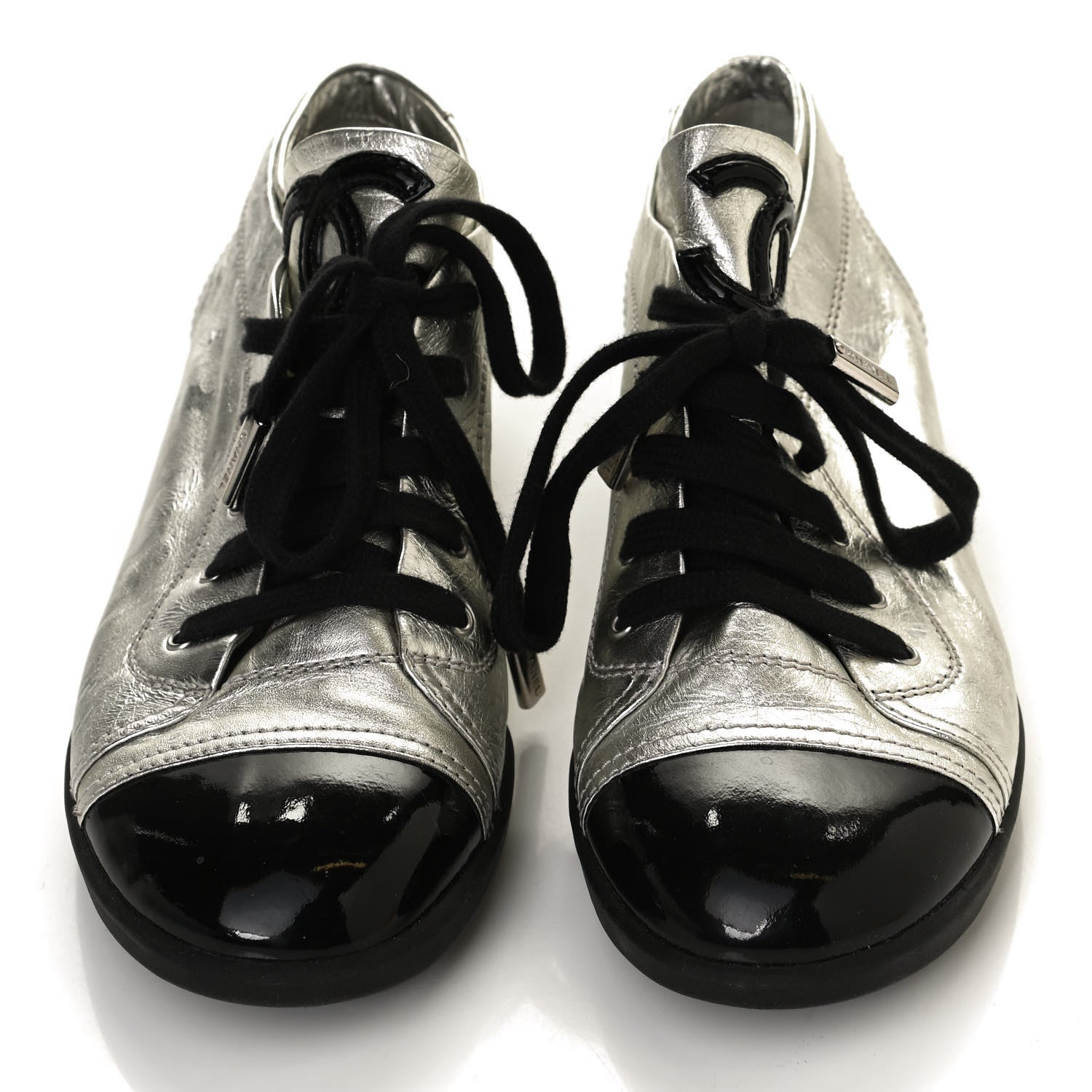 Chanel Metallic Lambskin Patent Cap Toe CC Sneakers 39.5 Silver Black 9 of 17