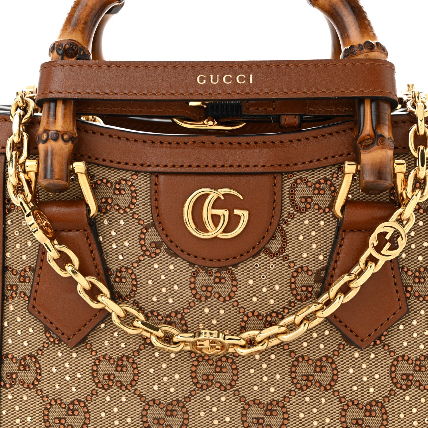 Gucci New Canvas Charisma Calfskin Crystal GG Monogram Mini Diana Tote Bag Camel Ebony 8 of 11