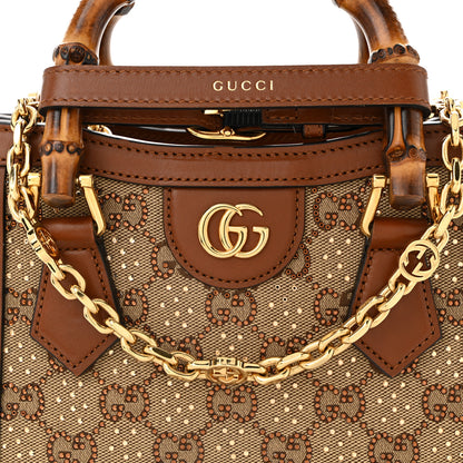 Gucci New Canvas Charisma Calfskin Crystal GG Monogram Mini Diana Tote Bag Camel Ebony 8 of 11