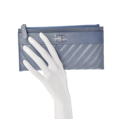 Chanel Metallic Caviar Chevron Quilted Mademoiselle Vintage Zip Pouch Blue 2 of 8