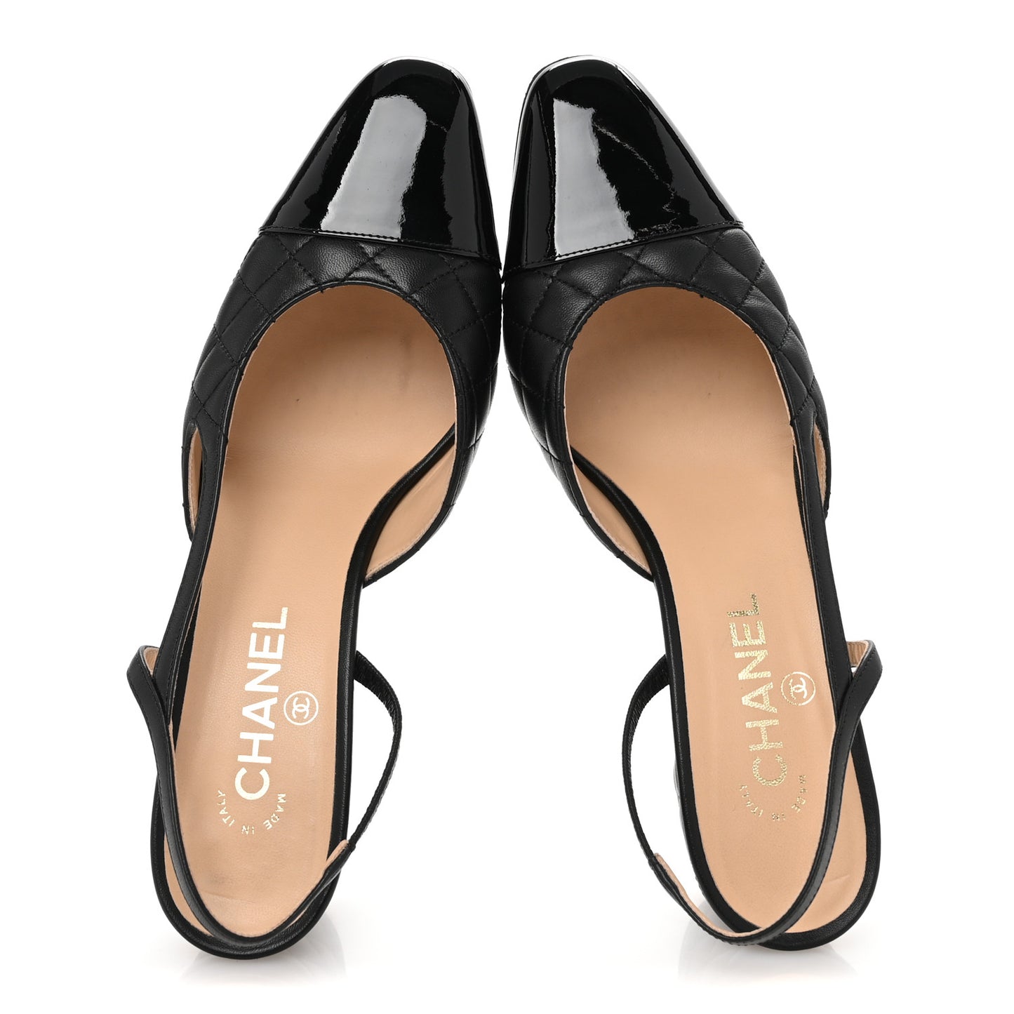 Lambskin Patent Calfskin Quilted Cap Toe CC Slingback Pumps 40 Black