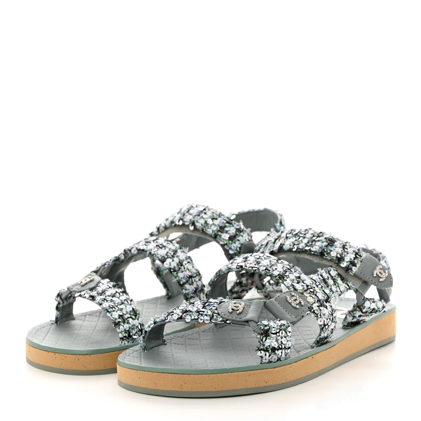 Tweed Sequin Crystal CC Sandals 39.5 Blue Multicolor