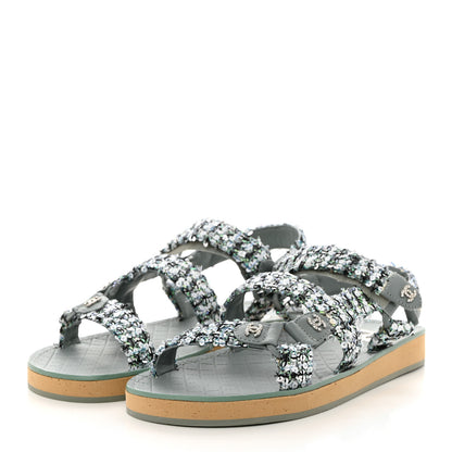 Chanel Tweed Sequin Crystal CC Sandals 39.5 Blue Multicolor 3 of 8