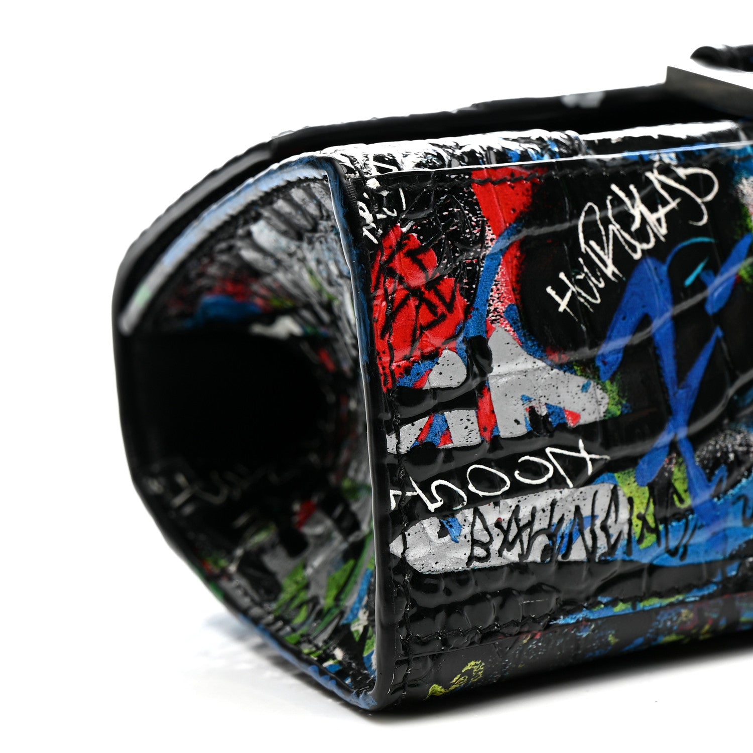 Balenciaga Calfskin Graffiti Crocodile Embossed Hourglass Top Handle Bag XS Black Multicolor 10 of 11