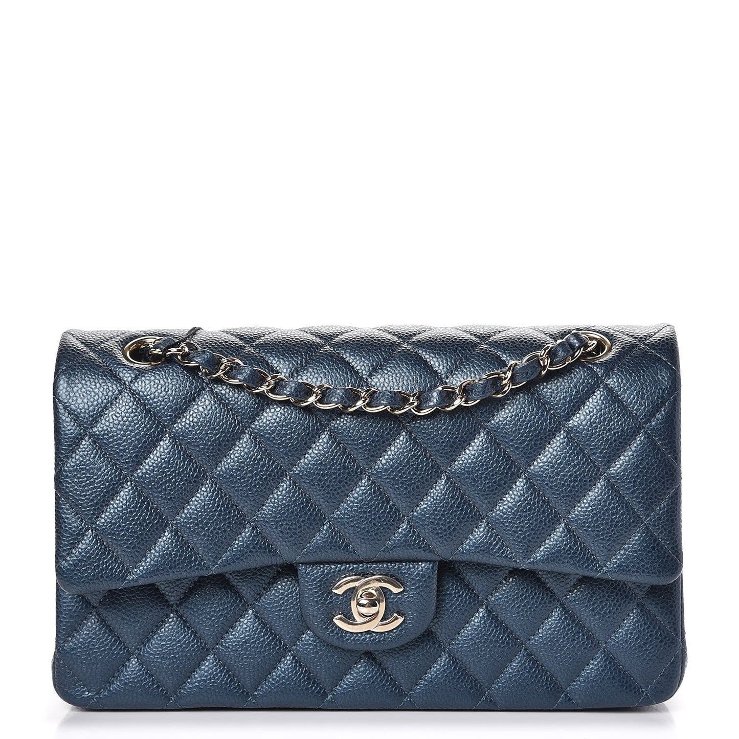 Metallic Caviar Quilted Medium Double Flap Dark Blue
