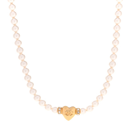 Chanel Crystal Pearl CC Heart Choker Necklace Gold 1 of 6