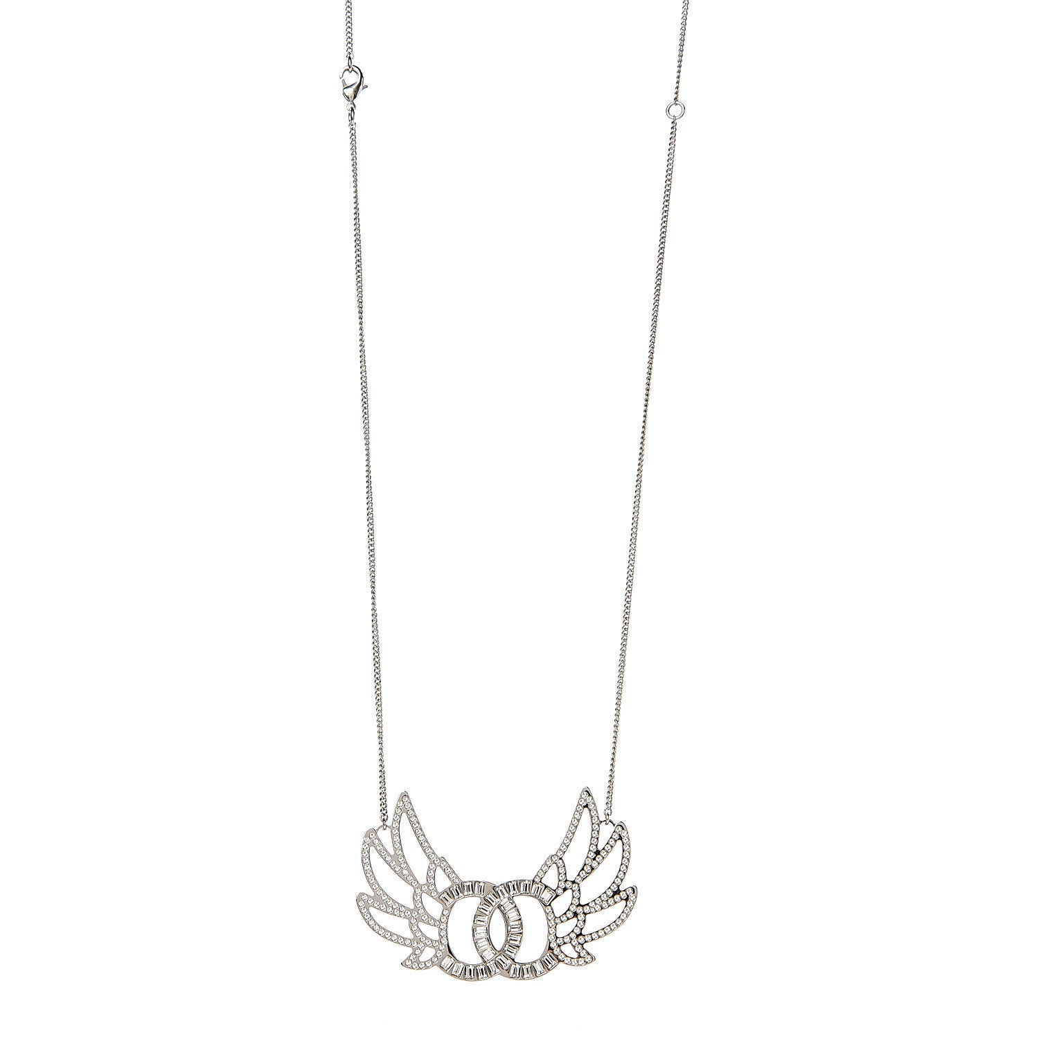 Chanel Baguette Crystal Winged CC Necklace Silver 1 of 4