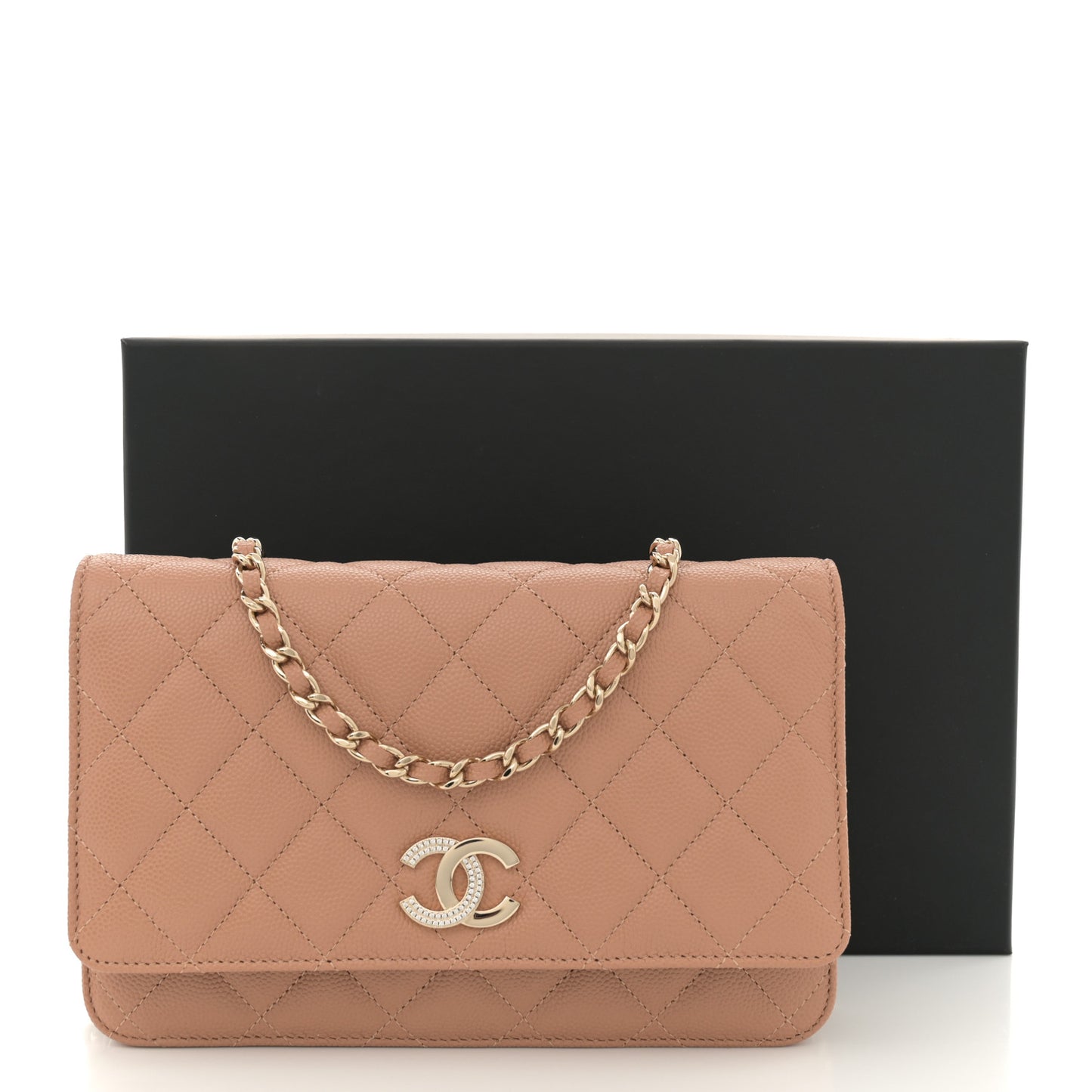 Caviar Quilted Crystal CC Wallet On Chain WOC Beige