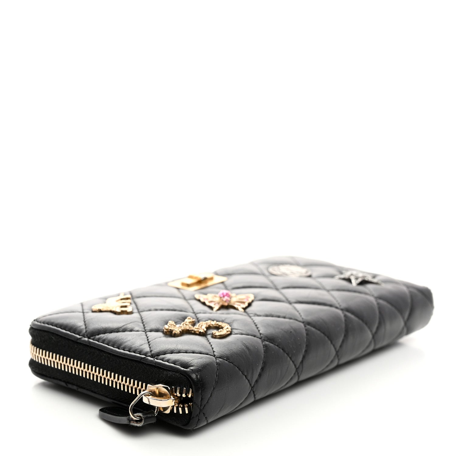 Chanel Aged Calfskin Quilted Lucky Charms 2.55 Reissue Zip Around Wallet Black 4 of 8