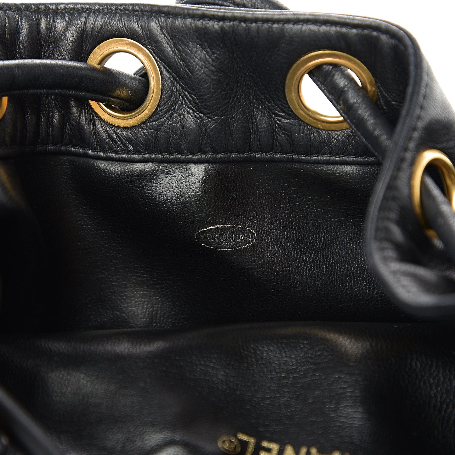 Lambskin CC Stitched Drawstring Bucket Bag Black