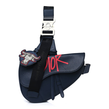 Christian Dior X SHAWN STUSSY Grained Calfskin Ox Head Saddle Bag Navy Blue 1 of 8