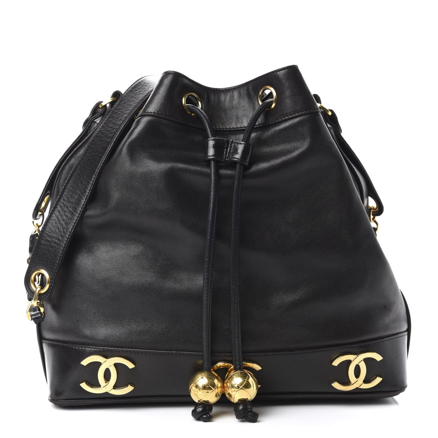 Lambskin Drawstring Bucket Bag Black