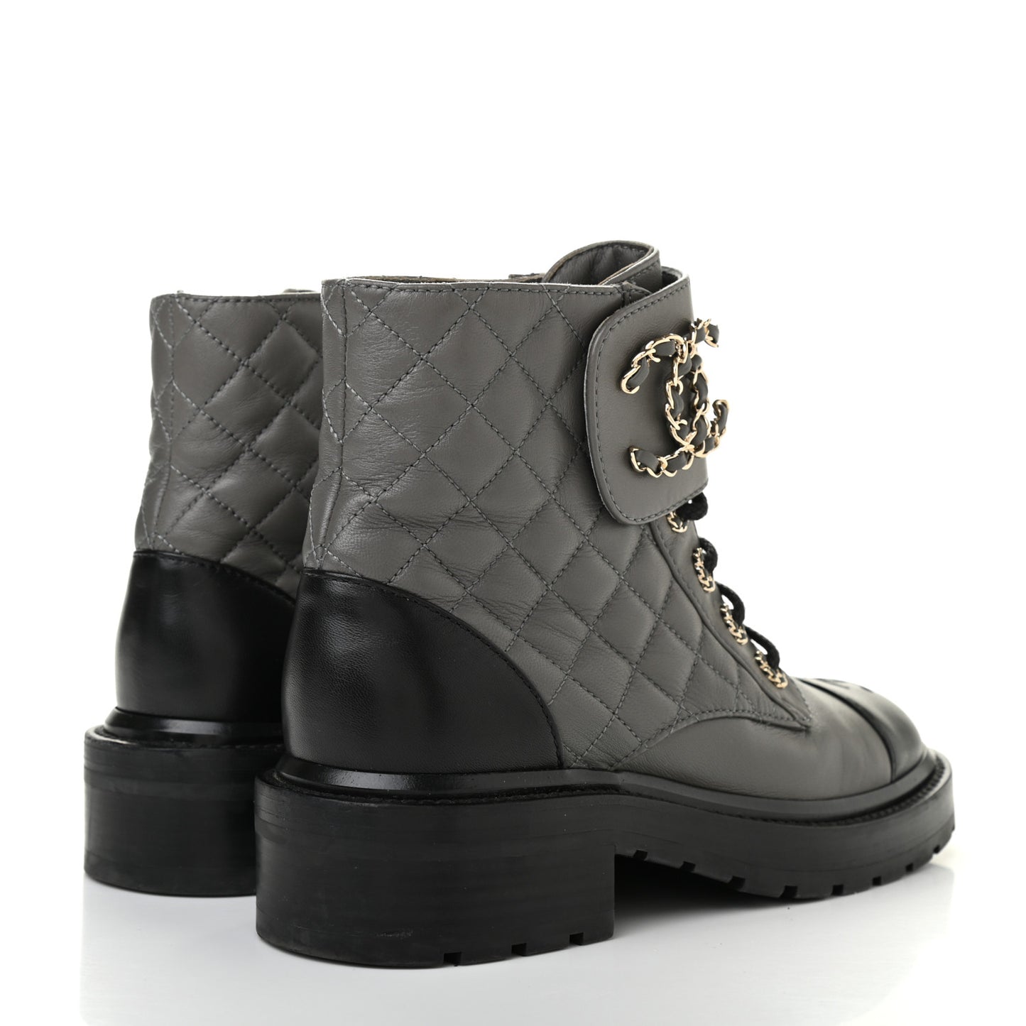 Shiny Lambskin Quilted Lace Up Combat Boots 36 Grey Black