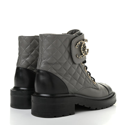 Chanel Shiny Lambskin Quilted Lace Up Combat Boots 36 Grey Black 4 of 13