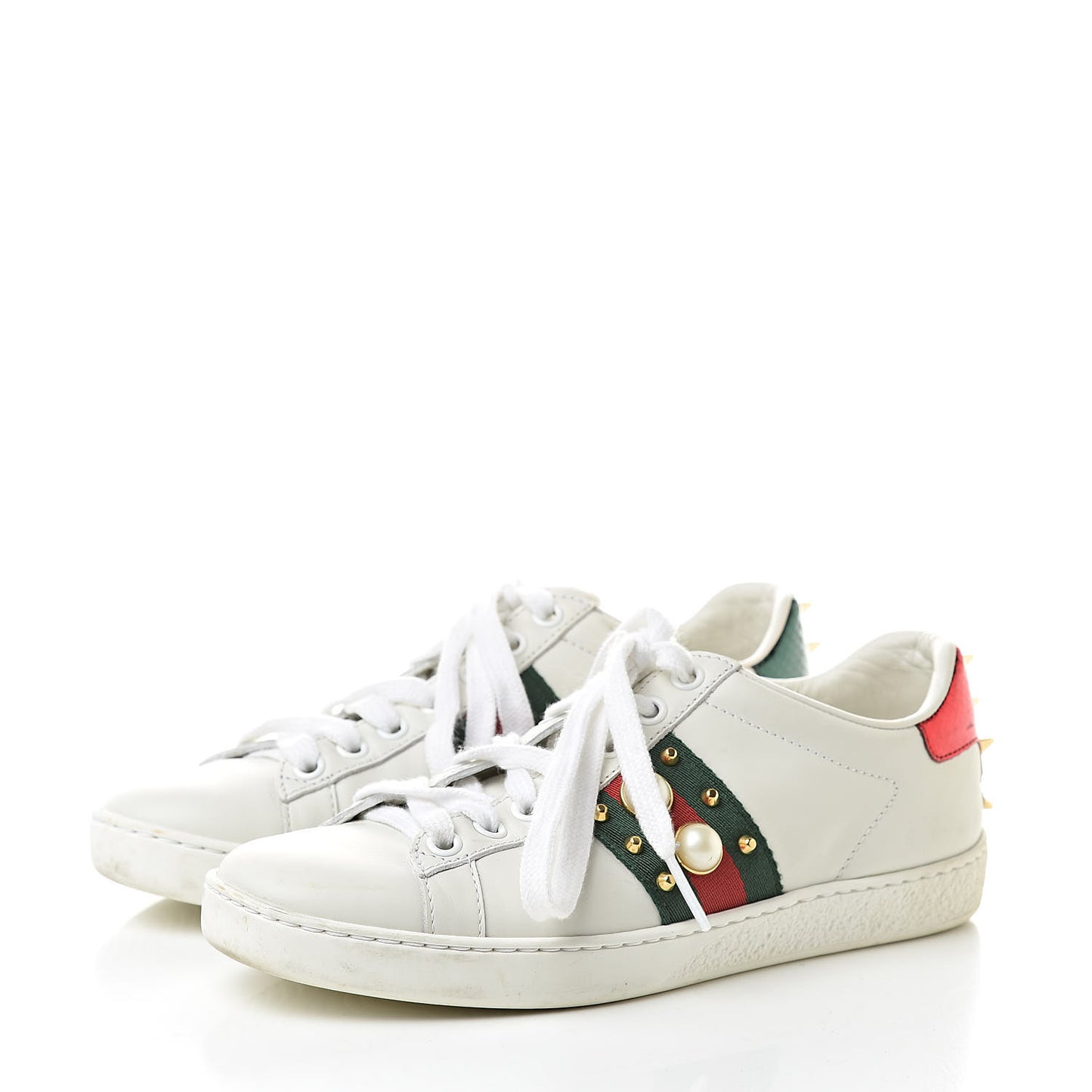 Calfskin Web Pearl Studded Womens Ace Sneakers 34 White