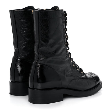 Chanel Aged Calfskin Lace Up Combat Boots 37.5 Black 4 of 9