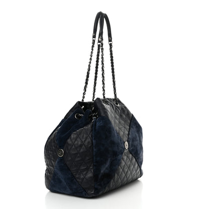Chanel Goatskin Suede Calfskin Quilted Patchwork Drawstring Bag Blue 3 of 16