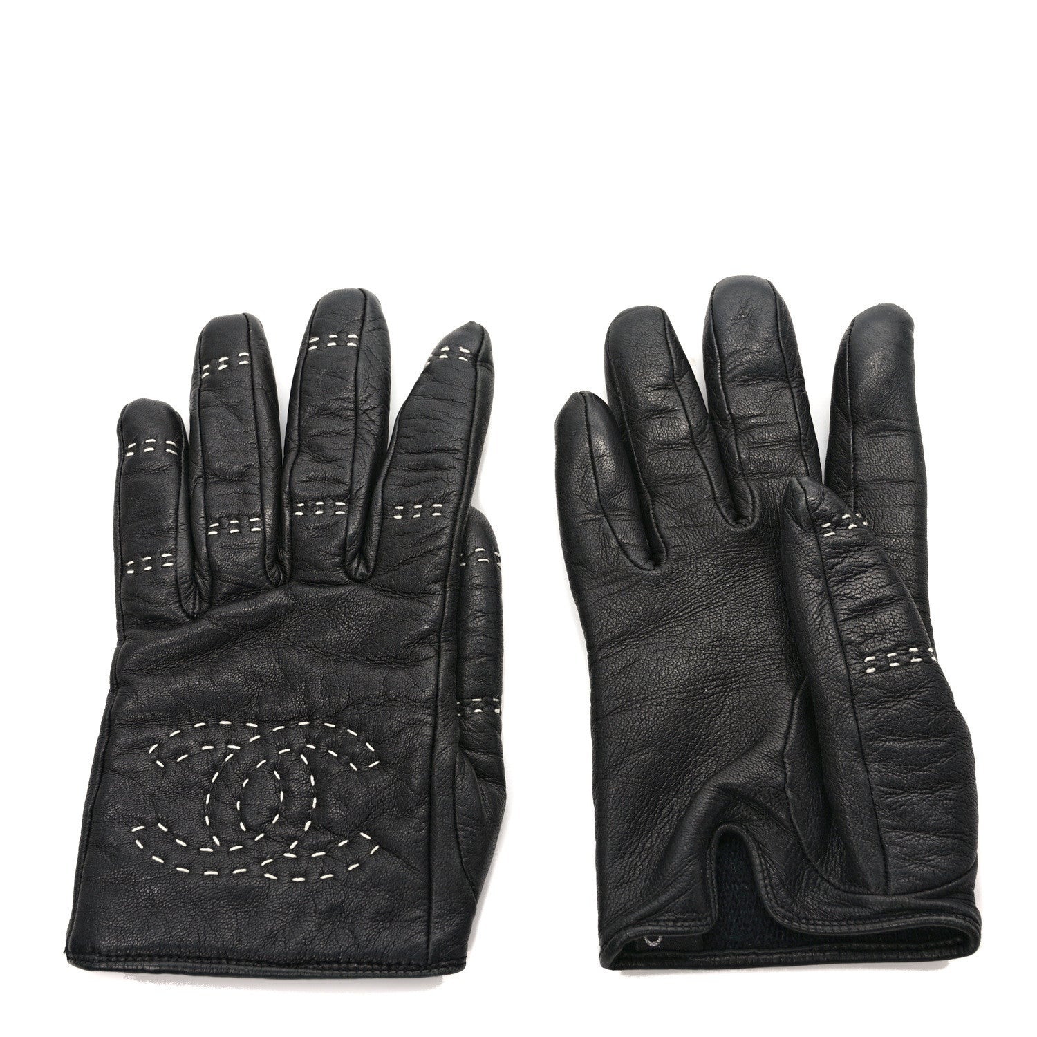 Chanel Lambskin Quilted Stitch CC Gloves 6.5 Black 1 of 6