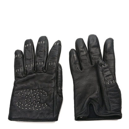 Chanel Lambskin Quilted Stitch CC Gloves 6.5 Black 1 of 6