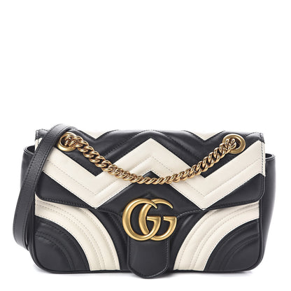 Gucci Calfskin Matelasse Small GG Marmont Shoulder Bag Black White 1 of 10