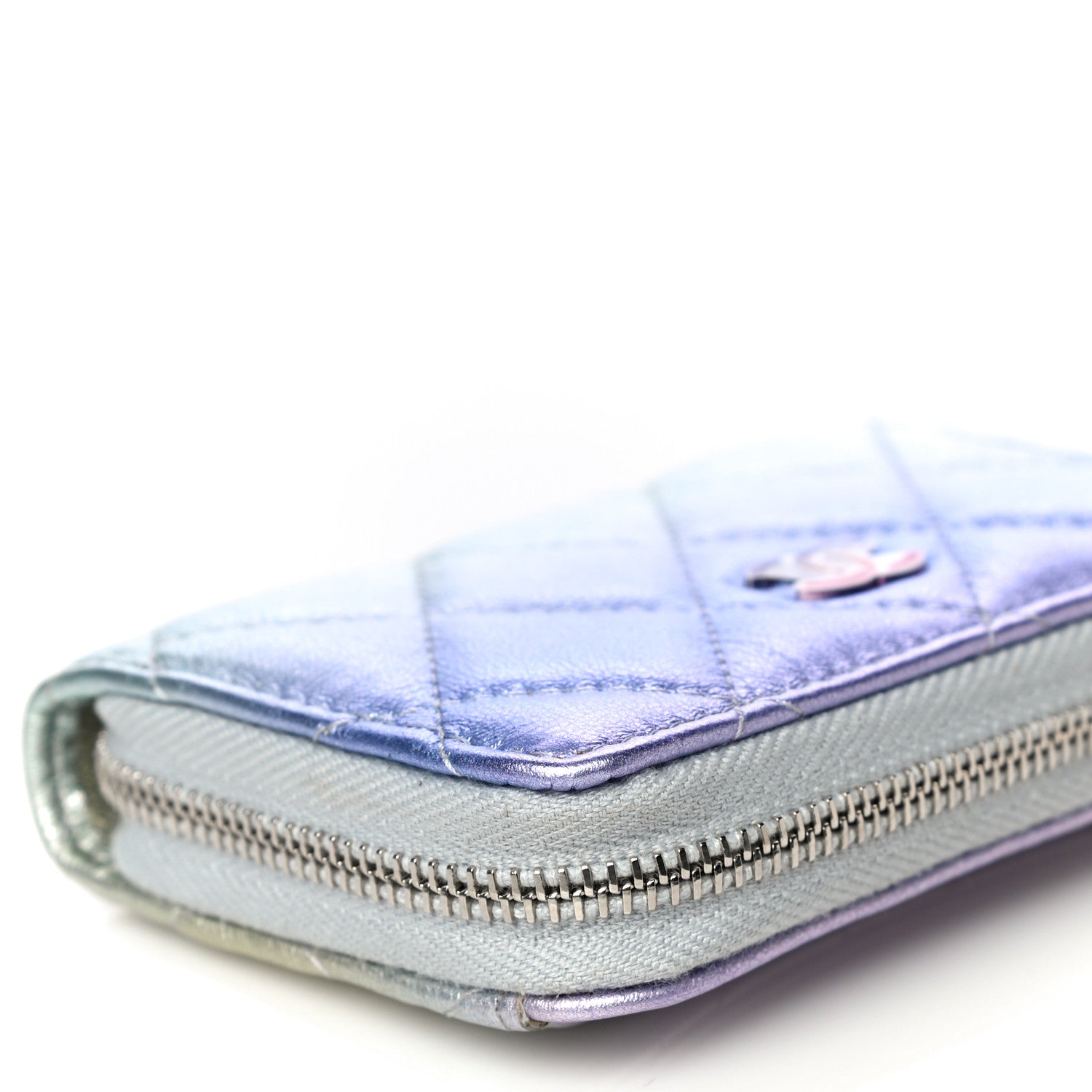 Chanel Gradient Metallic Calfskin Quilted Zip Around Coin Purse Wallet Silver Blue Yellow Purple 10 of 12