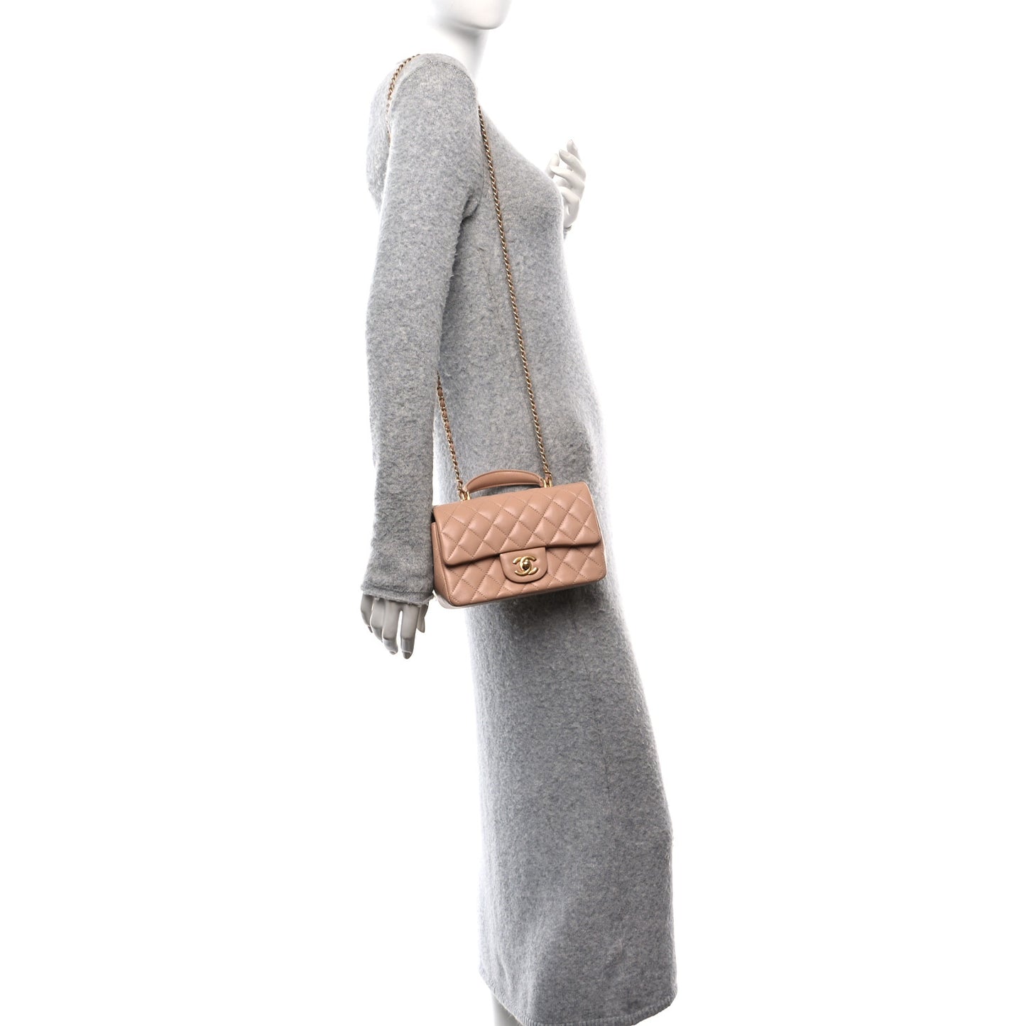 Lambskin Quilted Mini Top Handle Rectangular Flap Beige
