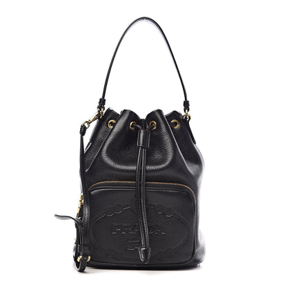 Prada Glace Calfskin Embossed Bucket Bag Black 1 of 10