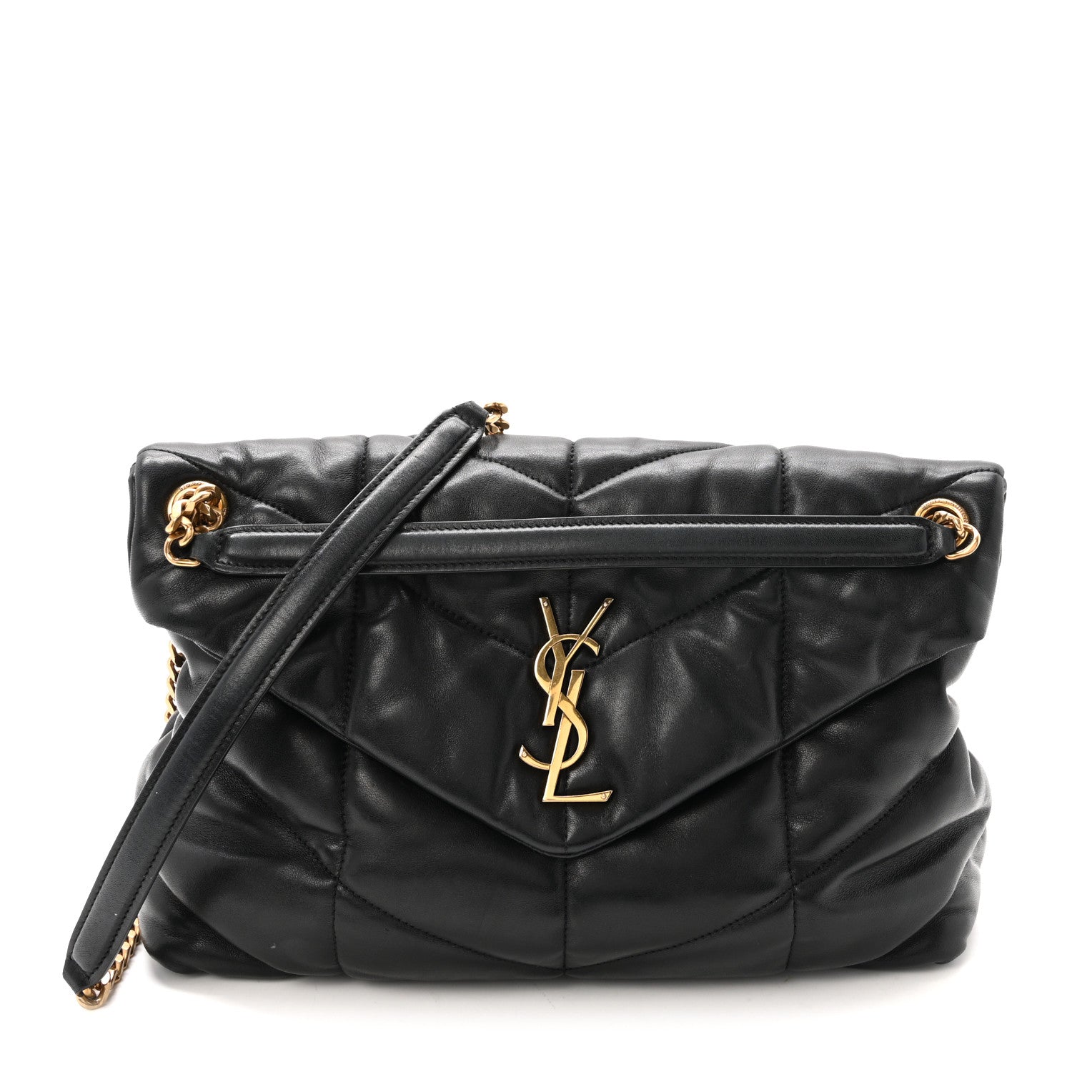 Saint Laurent Lambskin Quilted Medium Loulou Puffer Monogram Chain Satchel Black 1 of 9