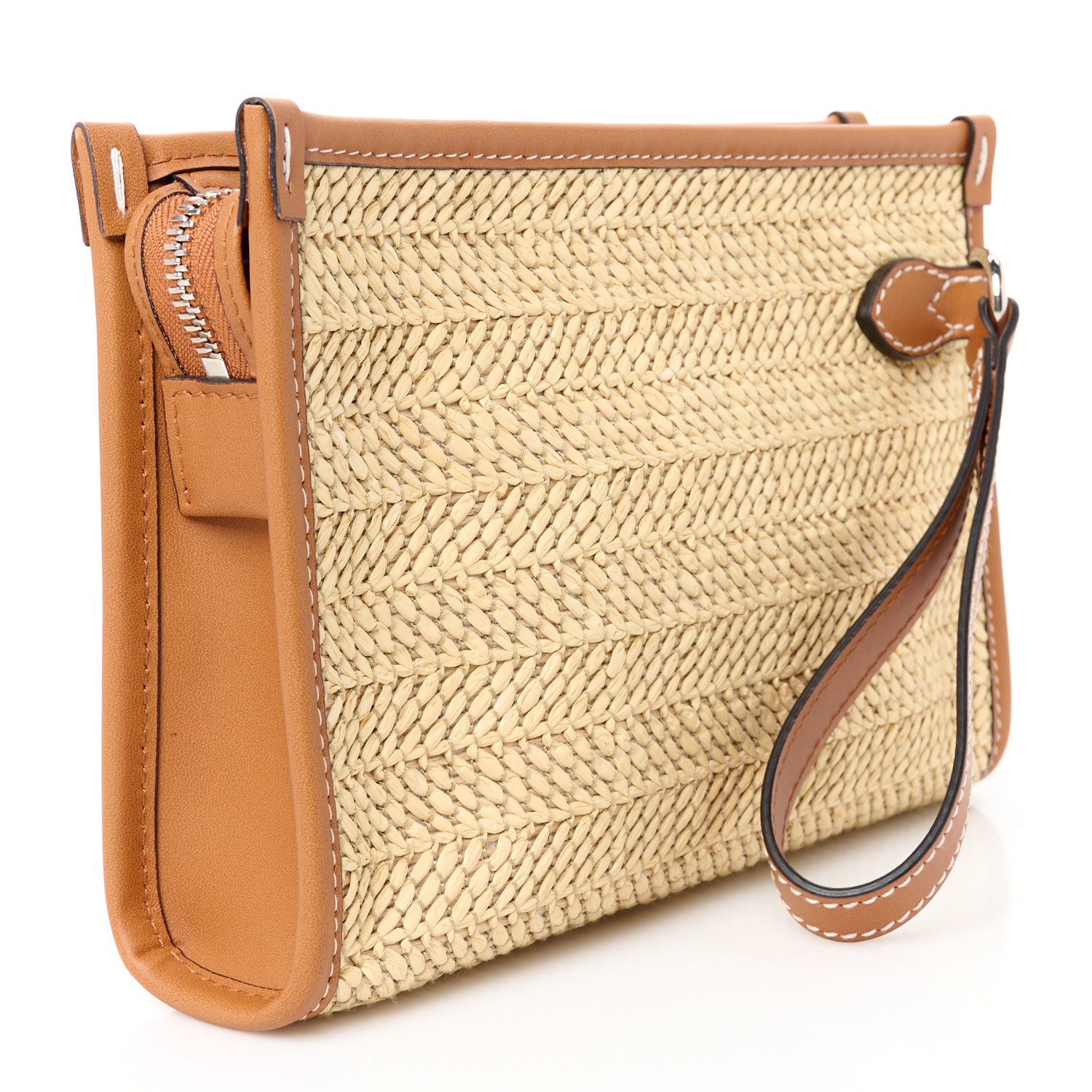 Gucci Straw Effect Raffia Calfskin Logo Wristlet Pouch Brown Multicolor 3 of 9