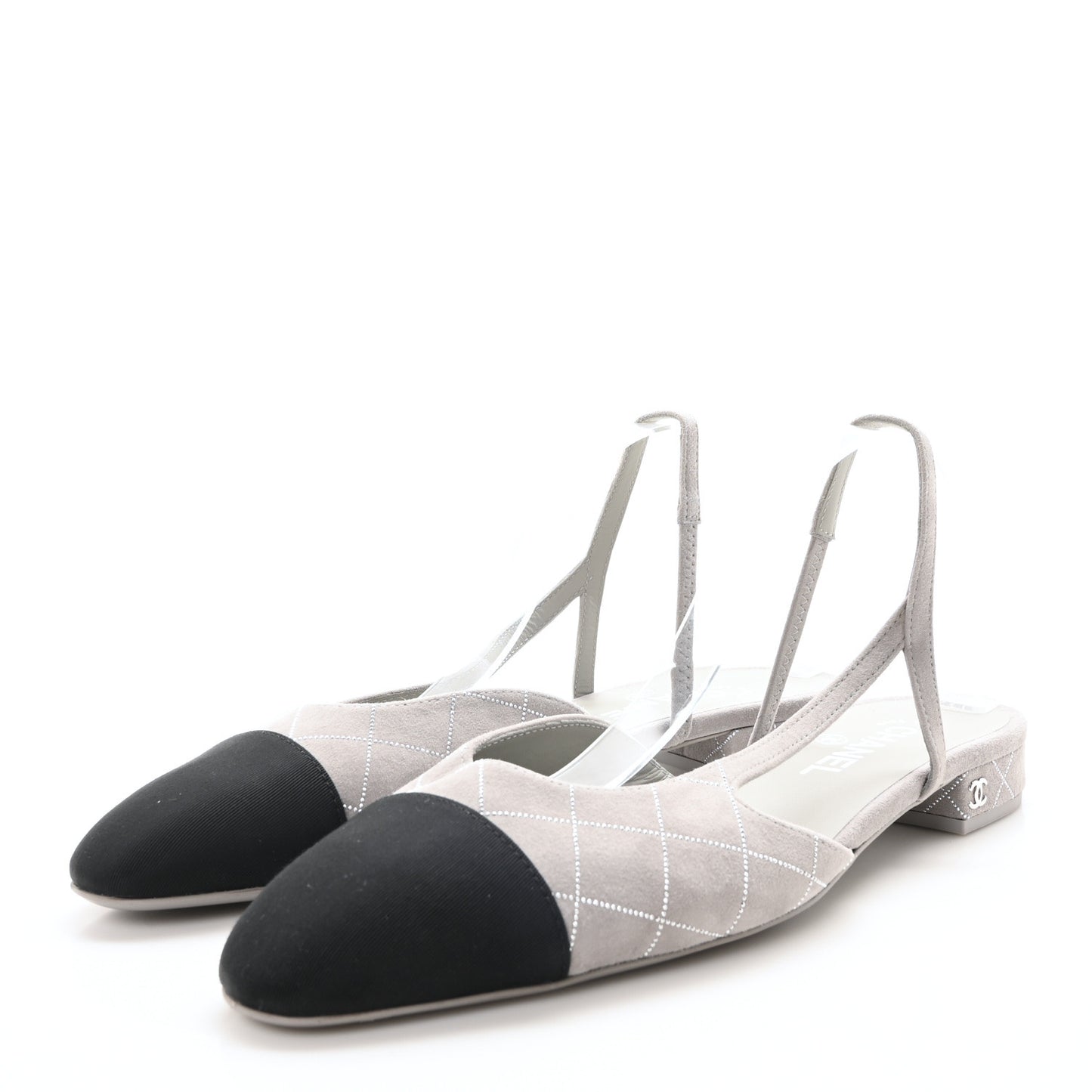 Suede Crystal Grosgrain Cap Toe CC Slingback Flats 40 Gray Silver Black