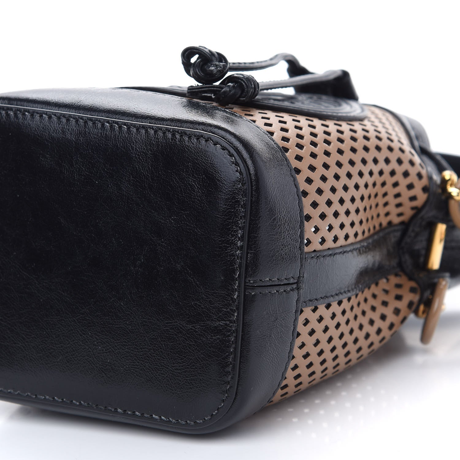 Fendi Vitello Liberty Glossy Lambskin F is Fendi Perforated Mini Mon Tresor Bucket Bag Sand Mimosa Black 8 of 9