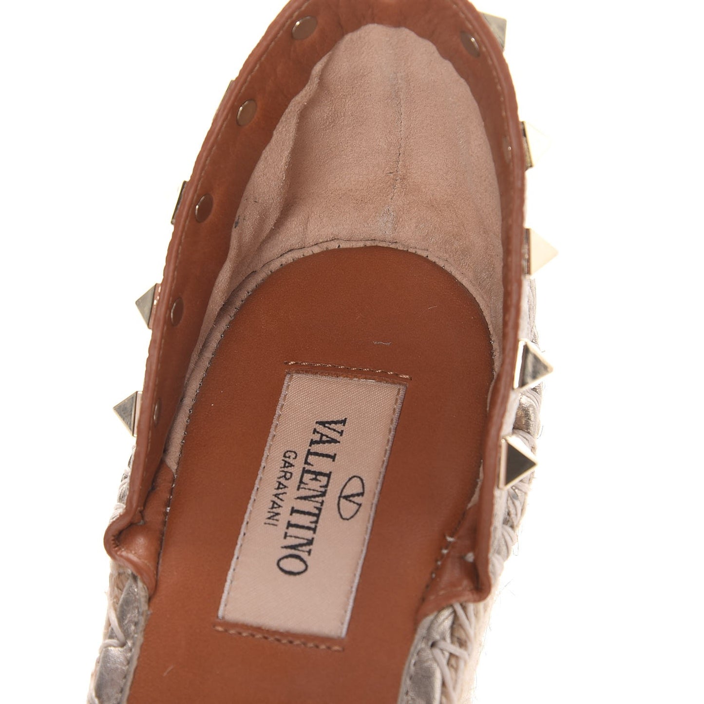 Metallic Grained Calfskin Rockstud Ankle Wrap Espadrille 15/85mm Wedges 40 Skin