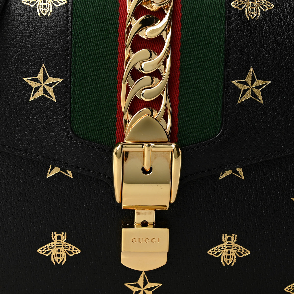 Gucci Textured Calfskin Bee Star Print Small Sylvie Shoulder Bag Black 8 of 10