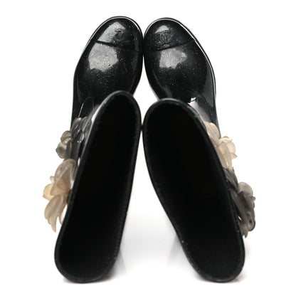 Chanel Rubber Glitter Camellia Rain Boots 38 Black 2 of 8