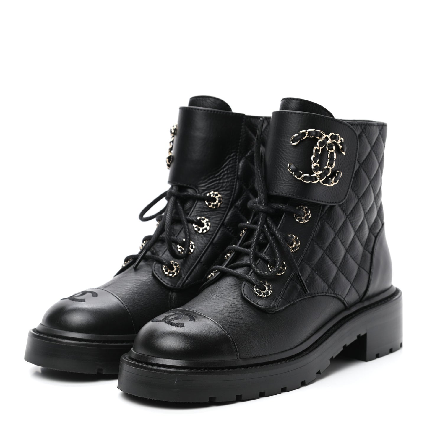 Shiny Goatskin Calfskin Quilted Lace Up Combat Boots 37 Black