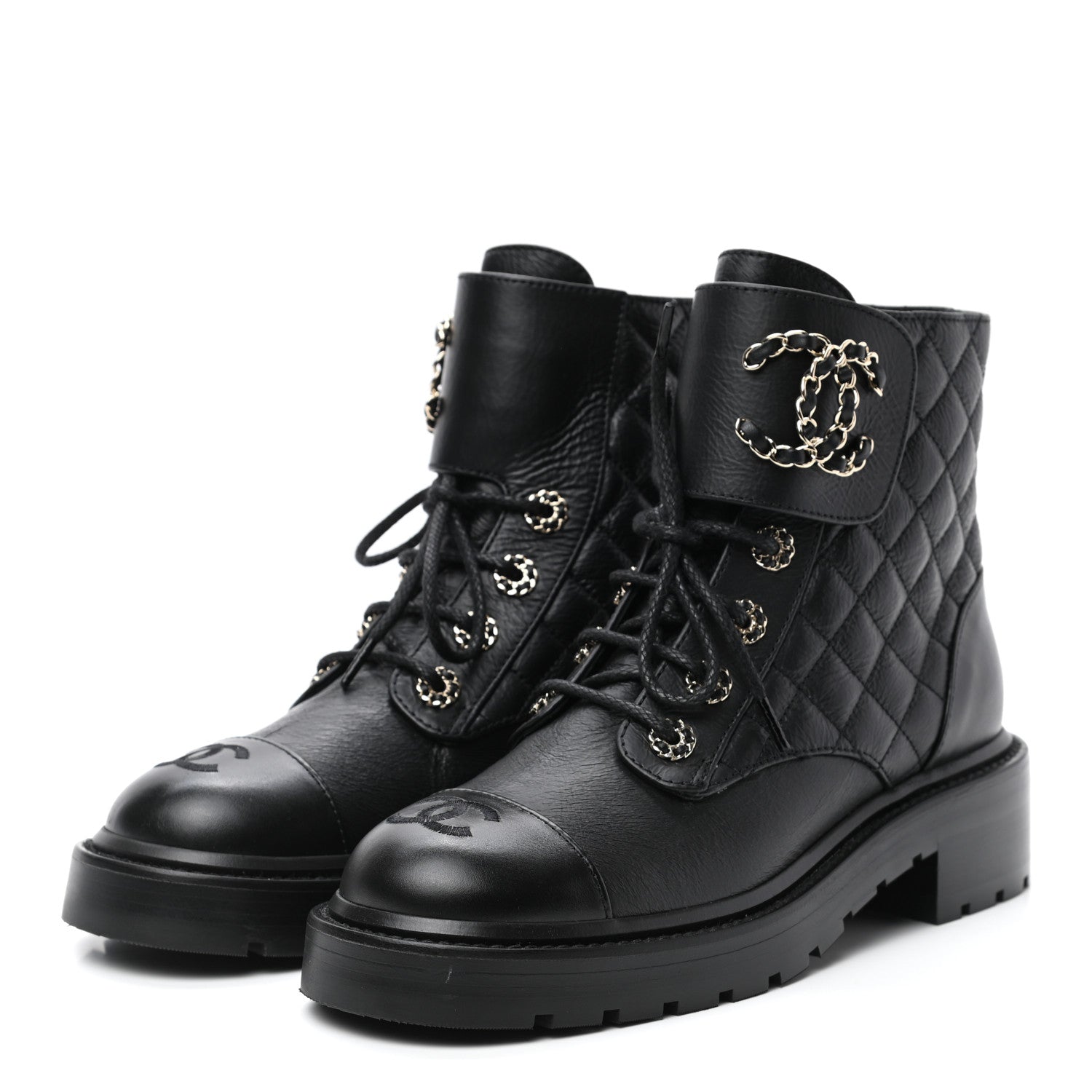 Chanel Shiny Goatskin Calfskin Quilted Lace Up Combat Boots 37 Black 3 of 9