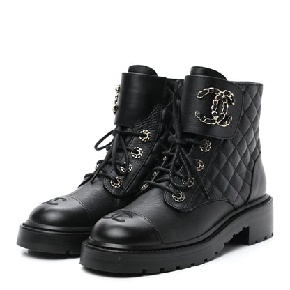 Chanel Shiny Goatskin Calfskin Quilted Lace Up Combat Boots 37 Black 3 of 9