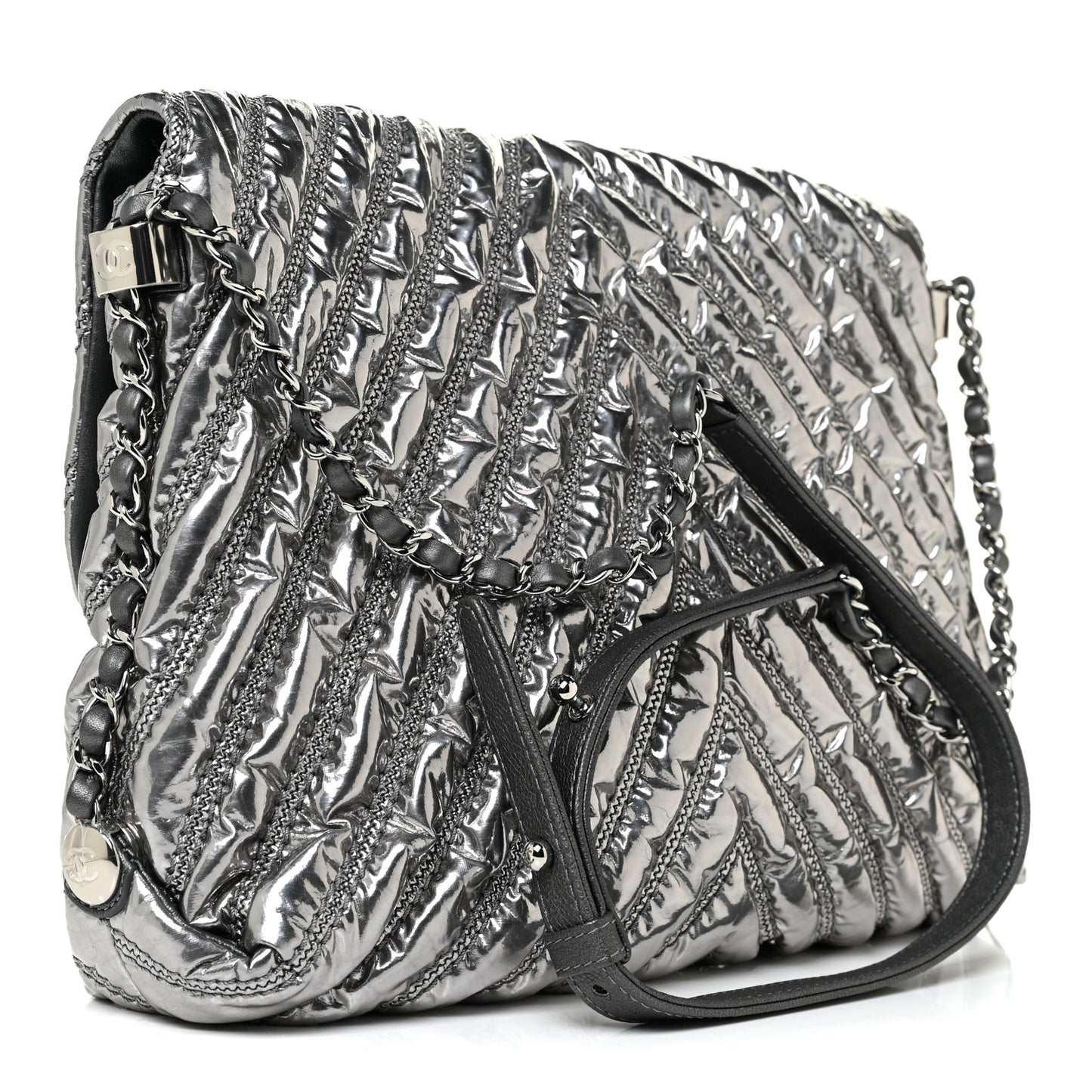 Metallic Lame Chevron Quilted Space Suit Flap Dark Grey