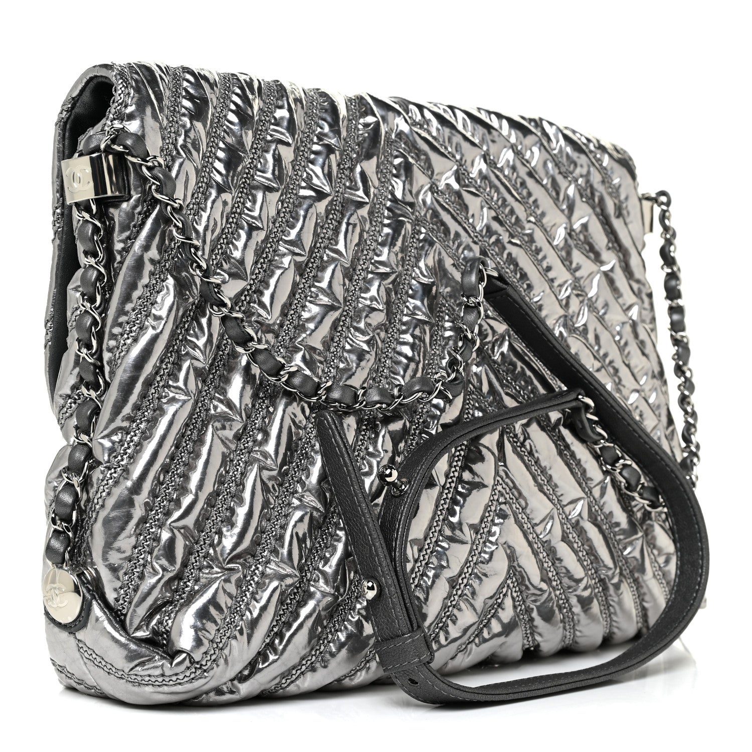 Chanel Metallic Lame Chevron Quilted Space Suit Flap Dark Grey 3 of 10