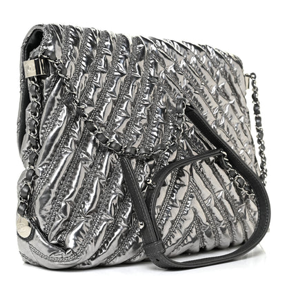 Chanel Metallic Lame Chevron Quilted Space Suit Flap Dark Grey 3 of 10