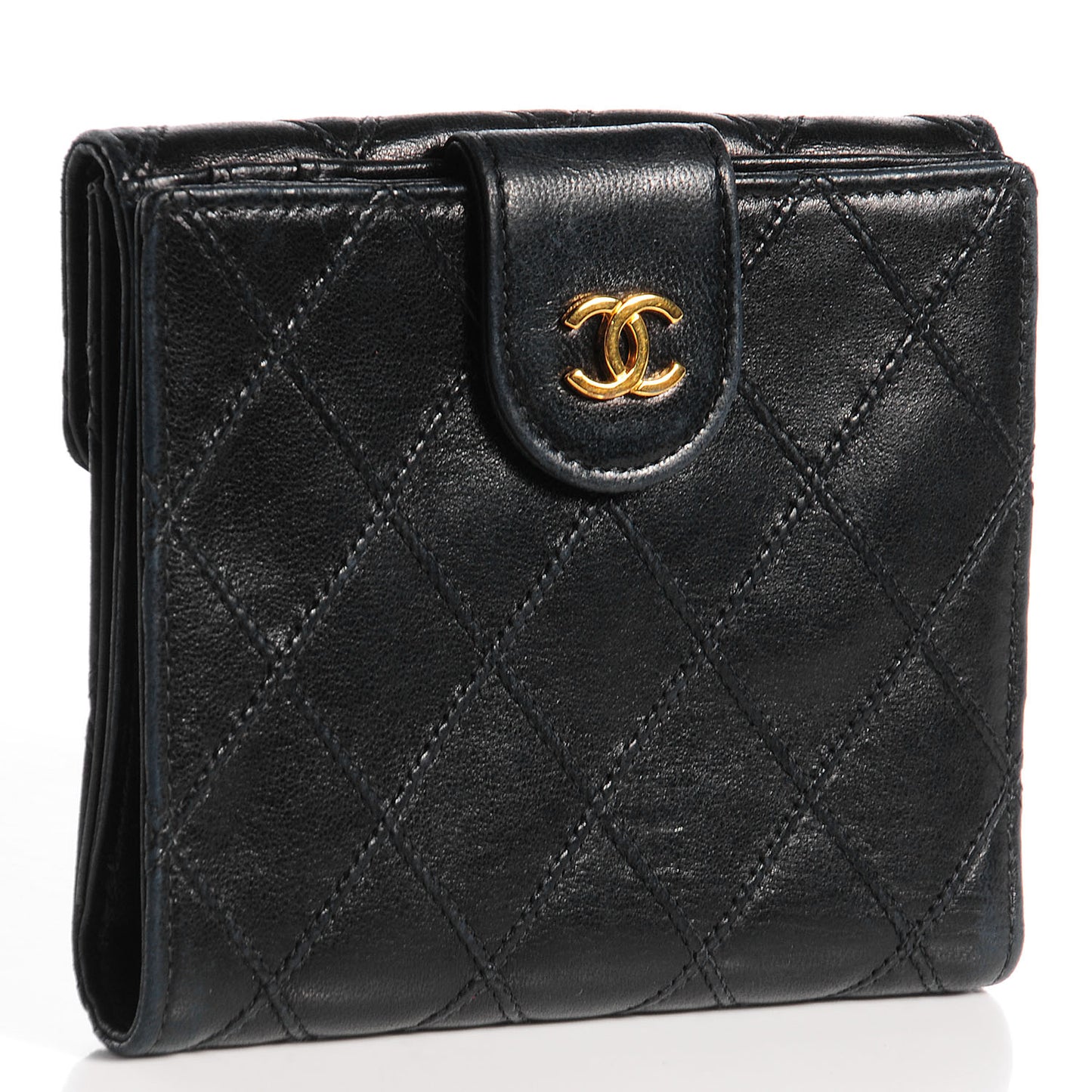Calfskin Diamond Stitched Compact Wallet Black