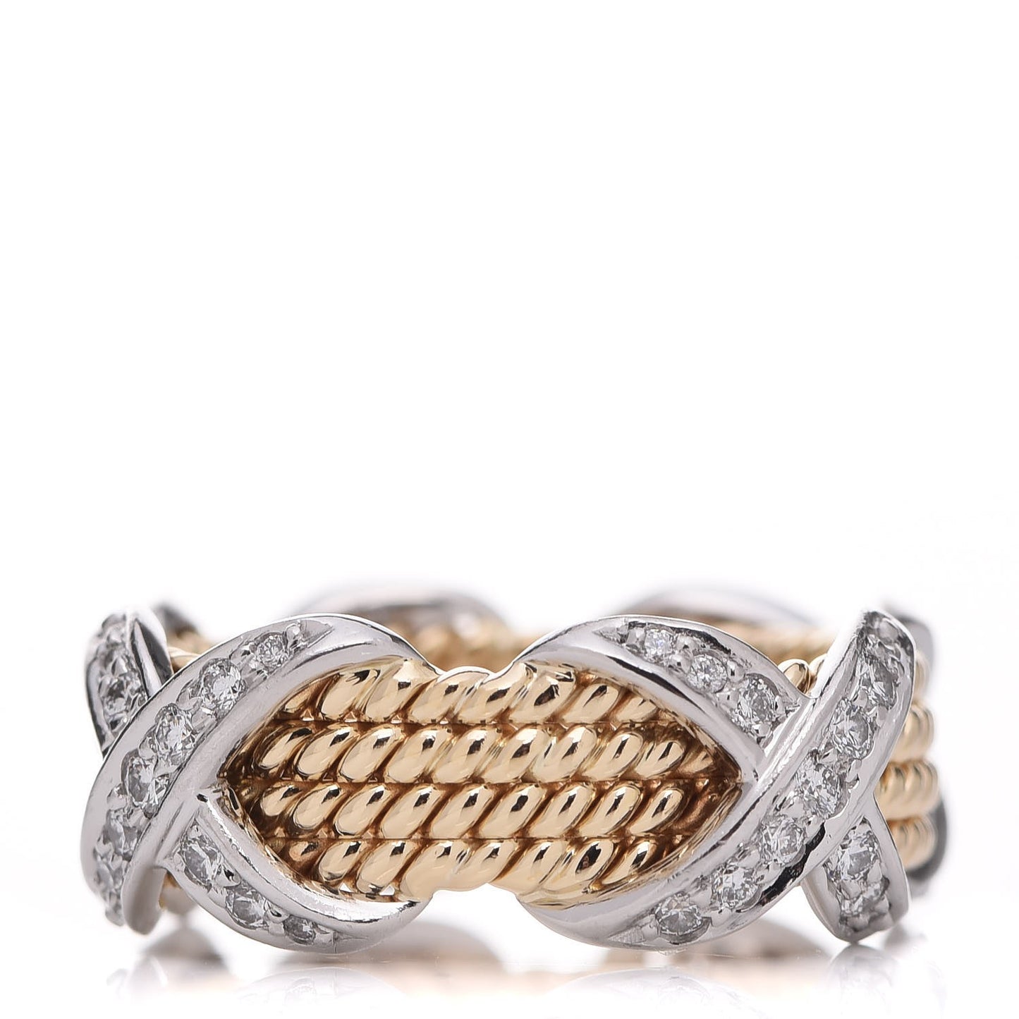 18K Yellow Gold Platinum Diamond Schlumberger Rope Four Row X Ring 57 8