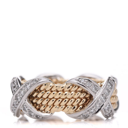 Tiffany 18K Yellow Gold Platinum Diamond Schlumberger Rope Four Row X Ring 57 8 4 of 7