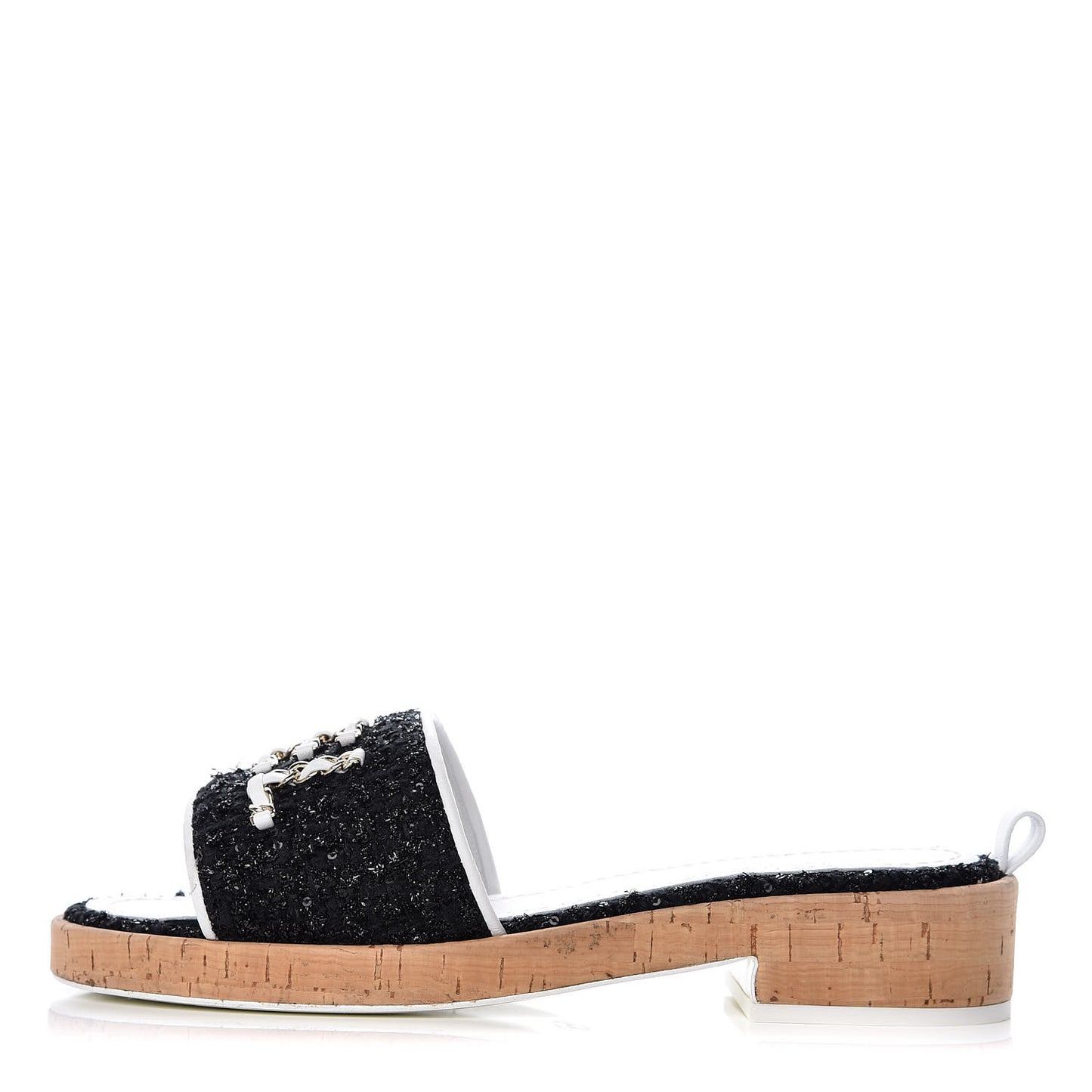 Tweed Cork CC Chain Mule Sandal 39 Black
