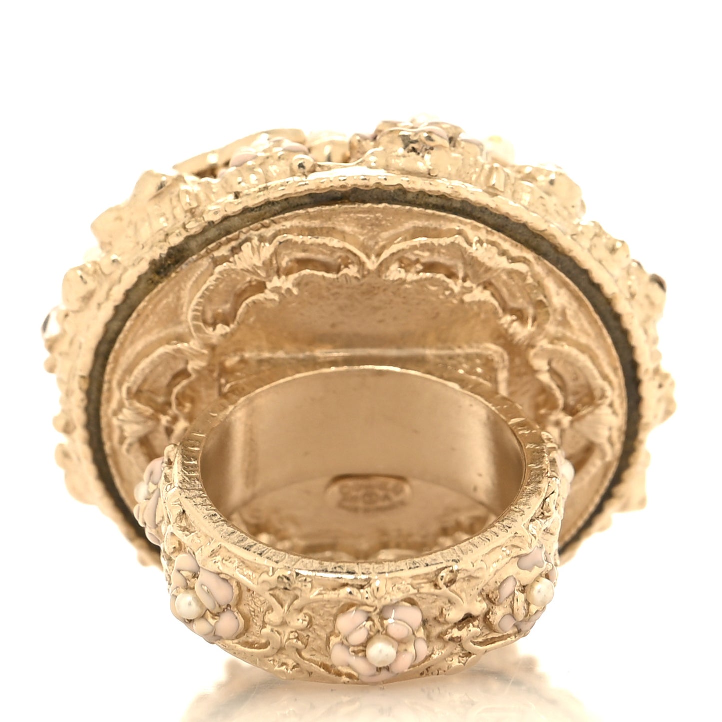 Pearl Crystal Camellia CC Ring 52 6 Gold Pink
