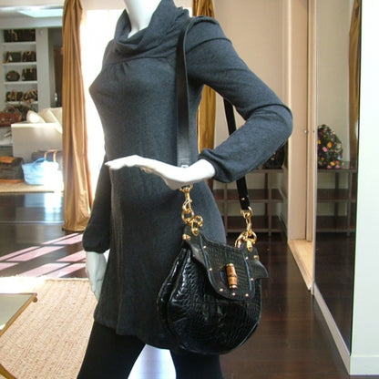 Gucci Alligator Bamboo Handle Large Peggy Bag Black 2 of 12
