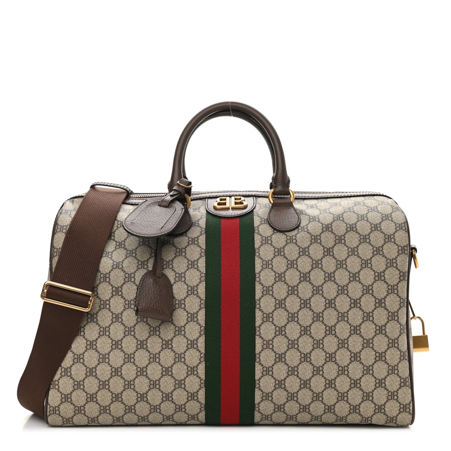X BALENCIAGA BB Supreme Monogram Web Medium Ophidia Carry-On Duffle Bag Beige New Acero